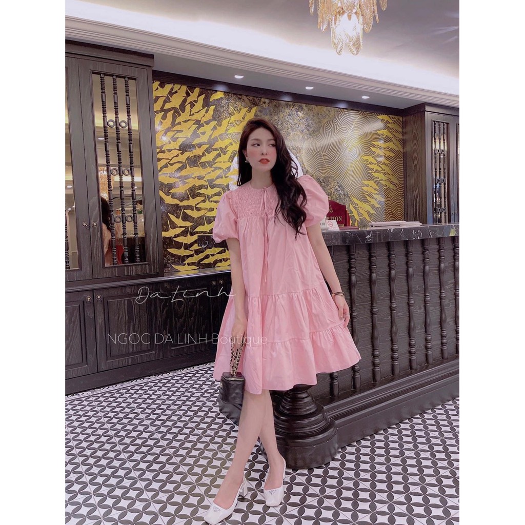 Đầm Babydoll Hồng Tay Bồng Nơ Ngực Tiểu Thư