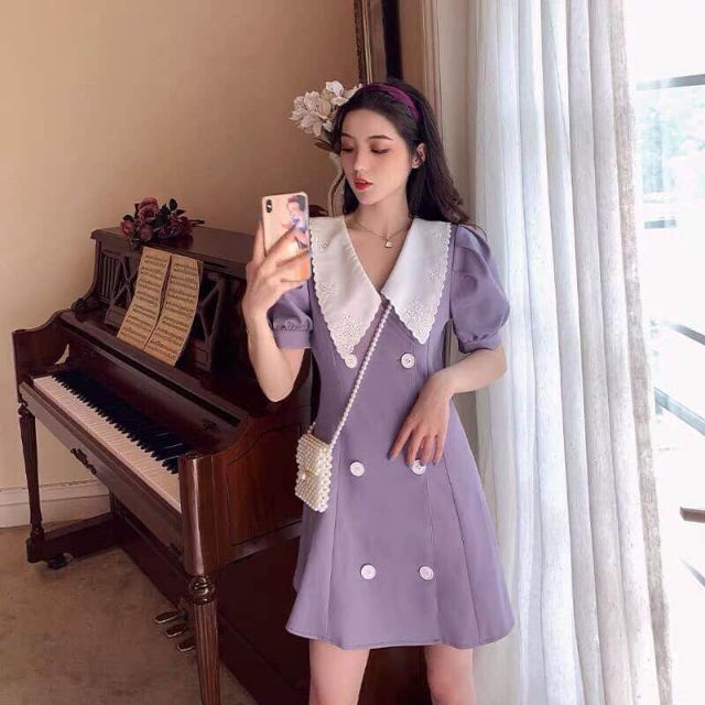 Đầm tím cổ vét tiểu thư