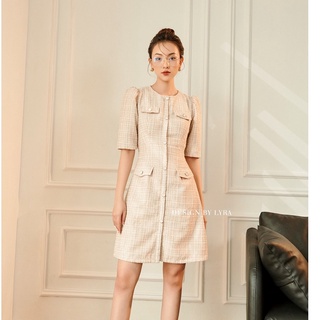 Váy dạ tweed design by LYRA, form ôm ngắn tay đính cúc kim loại sang chảnh-LWTVD378