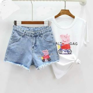 Set bô quần sort jean cotton và áo phông cho bé gái.