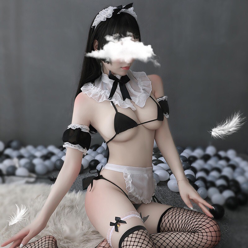 [SẴN[sale] Đồ ngủ sexy cosplay hầu gái bikini nơ cổ gợi cảm quyến rũ kèm quần chip G-string Freesize dưới 52kg Quyến rũ | BigBuy360 - bigbuy360.vn