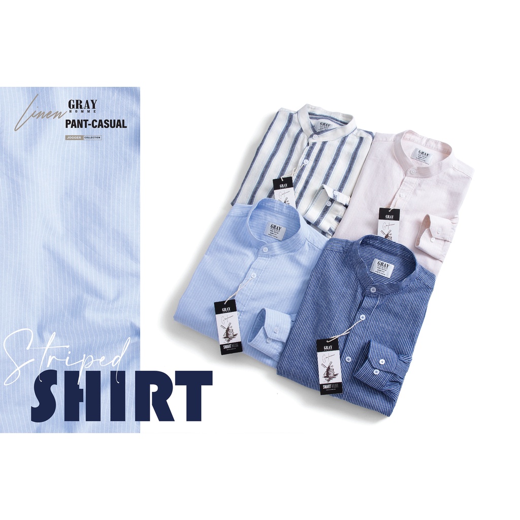 Áo Sơ Mi Nam Dài Tay Cổ Tàu (4 màu) GRAYHOMME linen kẻ sọc cá tính chất vải đũi thoáng mát - TB124