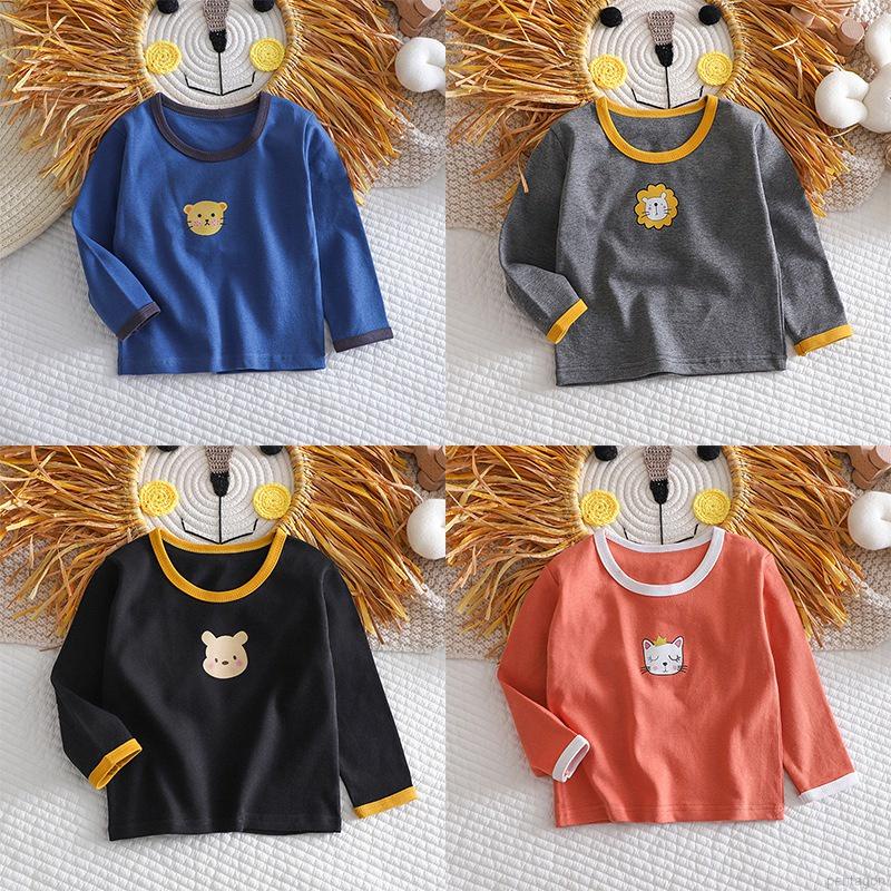 Áo thun cotton tay dài cổ tròn in họa tiết hoạt hình đơn giản cho bé từ 0-5 tuổi