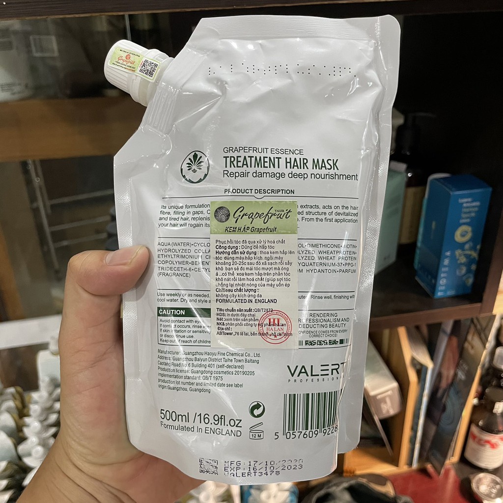 Hấp Ủ Phục Hồi Bưởi Grapefruit Valer Siêu Mềm Mượt Ngăn Rụng Tóc Dạng Túi 500ML Hàng Chính Hãng