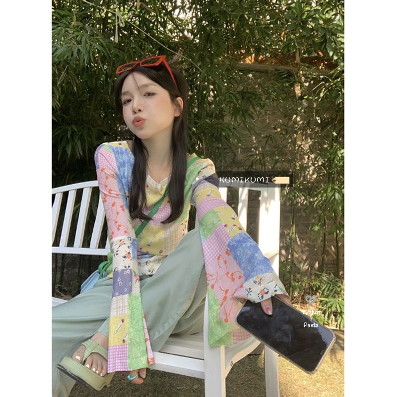 Áo Thun Tay Dài Chống Nắng Bằng Lụa Lạnh Mỏng In Họa Tiết Khối Màu Sắc Thời Trang Mùa Hè