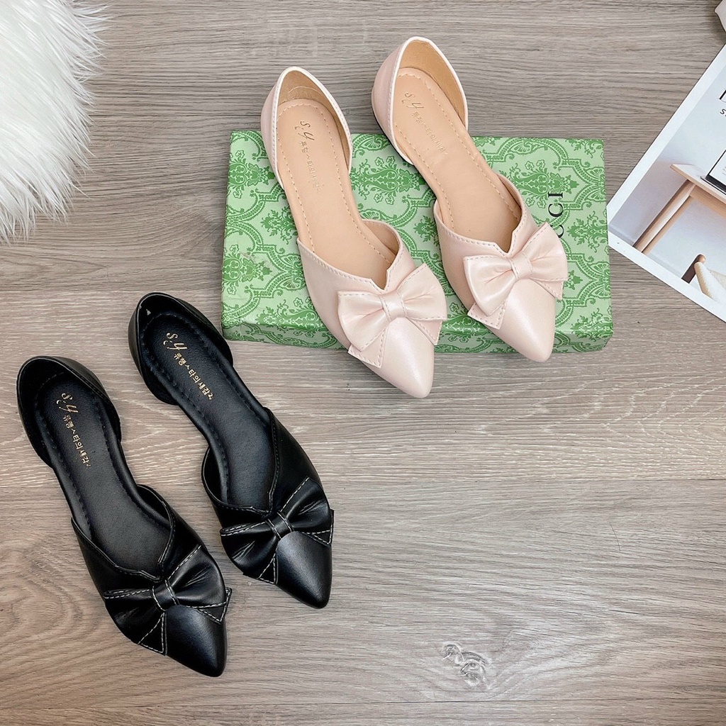 Giày búp bê mũi nhọn đế bệt thời trang phối nơ da xinh xắn