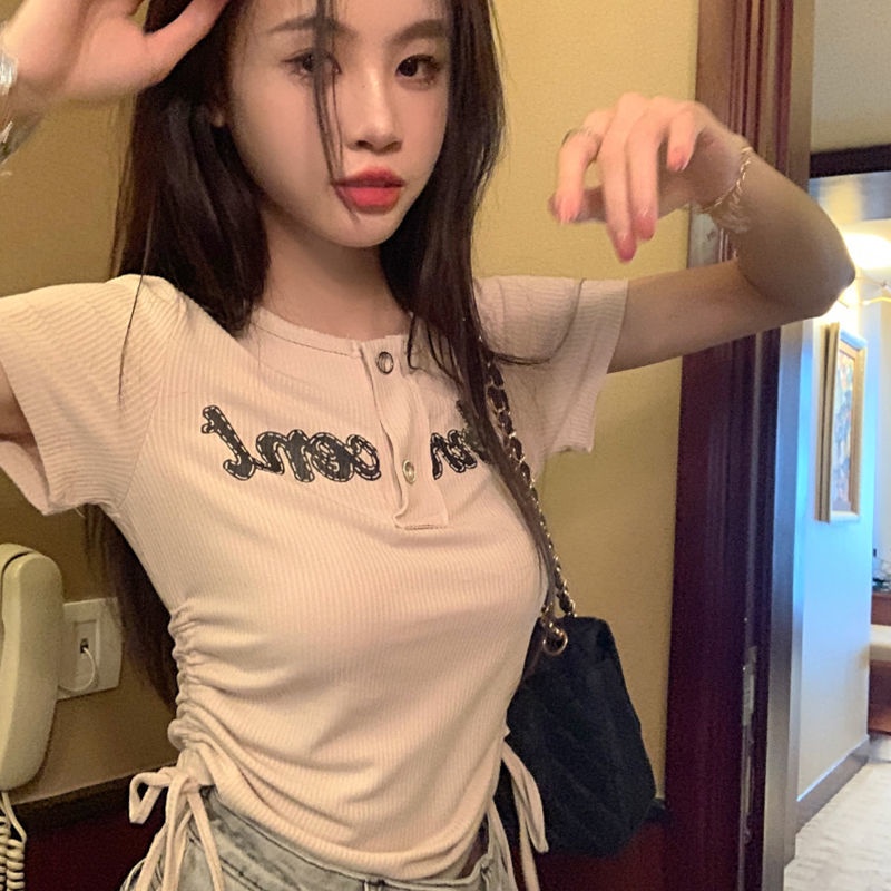 AMOI Áo Thun Tay Ngắn Phối Dây Rút Họa Tiết Sọc Caro Thời Trang Cho Nữ