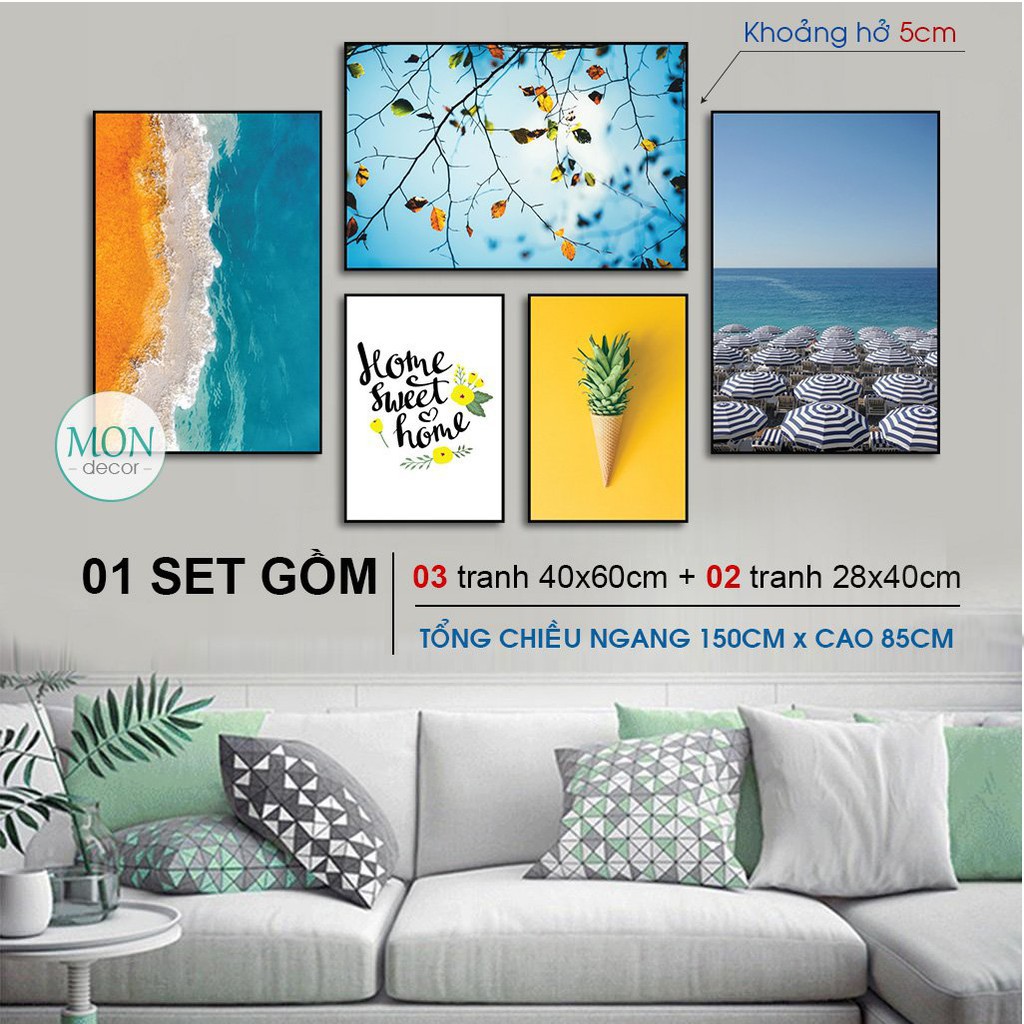 Tranh treo tường, tranh treo phòng khách Mon'decor 5 bức phong cách hiện đại vải canvas loại 1 khung đẹp