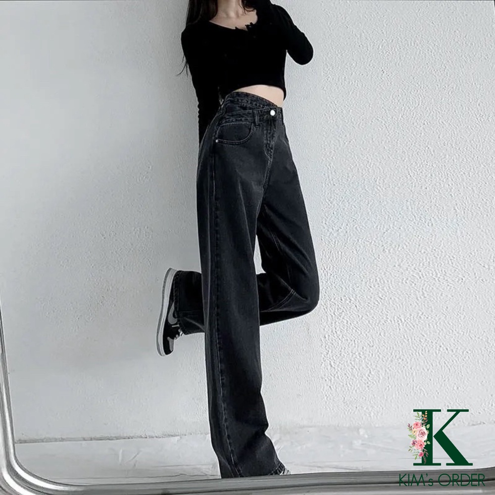 Quần Jeans Ống Suông Nữ Cạp Lệch Màu Đen Ống Dài Lưng Cao Phom Rộng Phong Cách Ulzzang Hàn Quốc Cá Tính Sành Điệu Loại 1