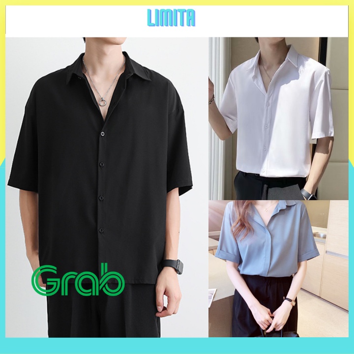 Áo sơ mi tay ngắn form rộng unisex nam nữ form Hàn Quốc vải lụa mềm mịn thoáng mát MRN01
