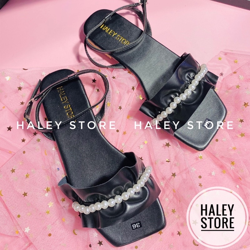 Giày sandal nữ HALEY STORE đế bệt quai ngang bèo nhúm đính ngọc tiểu thư công chúa rẻ bền đi chơi đi học