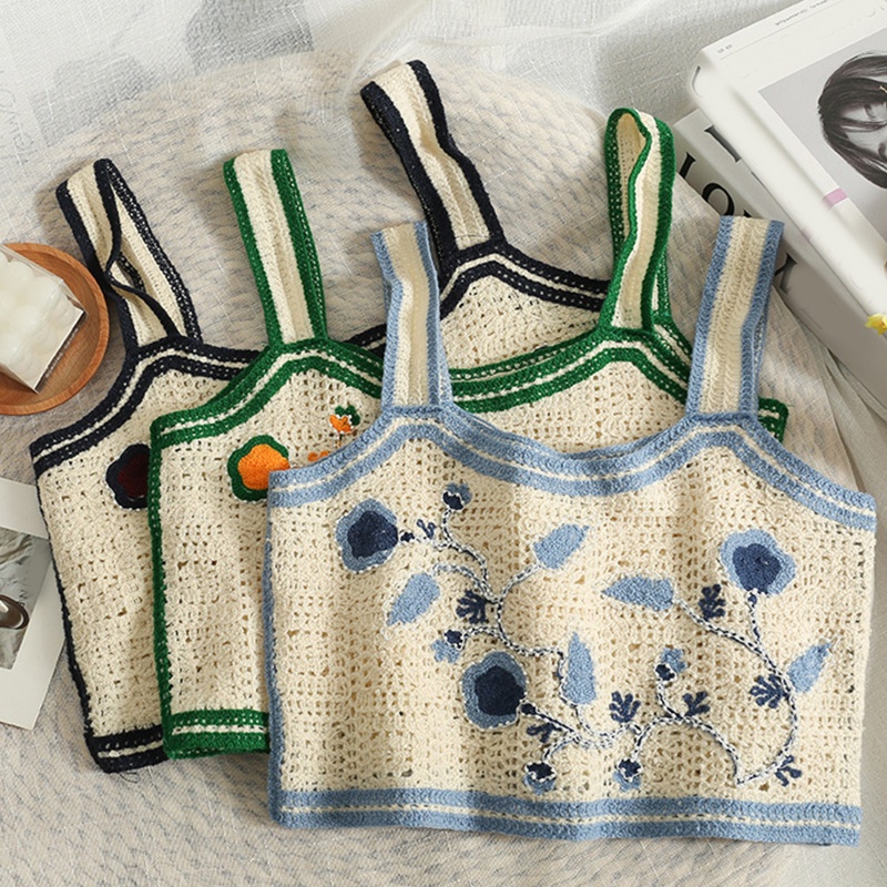 Áo Croptop Dệt Kim Sát Nách Thêu Họa Tiết Hoa Lá Phối Hạt Cườm Thời Trang Cổ Điển Cho Nữ