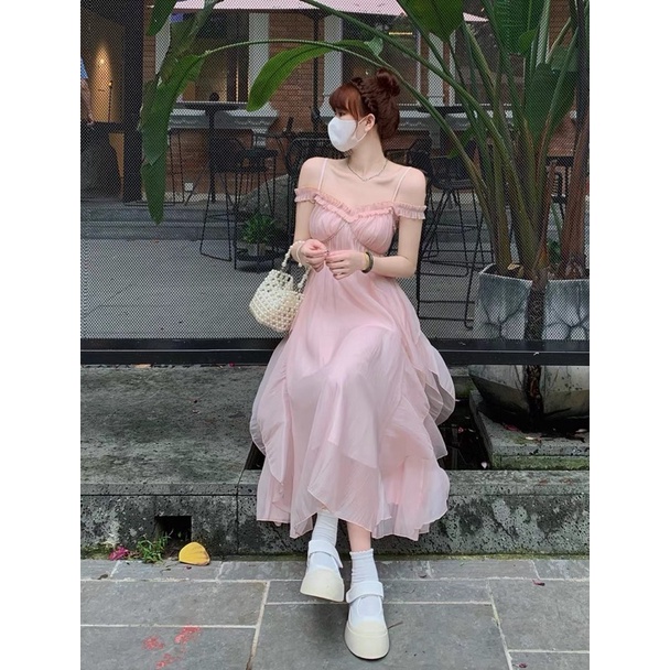 Đầm Hồng Bèo Dài Viền Đá
