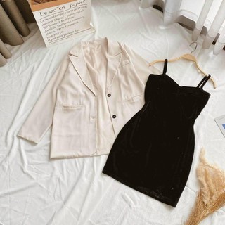 Set đầm 2s đen và khoác vest nude