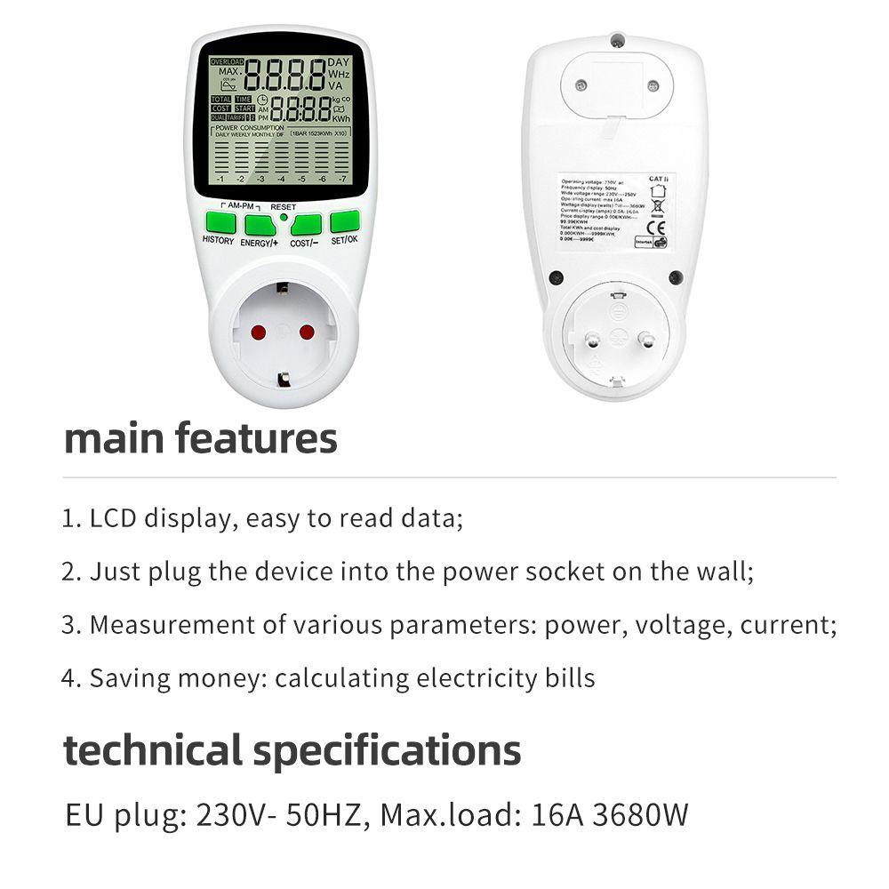 BTLIMER EU Energy Monitor Voltmeter Power Consumption Electricity Meter Socket Plug Watt Monitor Digital Current Meter Measuring Electricity Cost Analyzer Wattmeter Energy Power Meter
