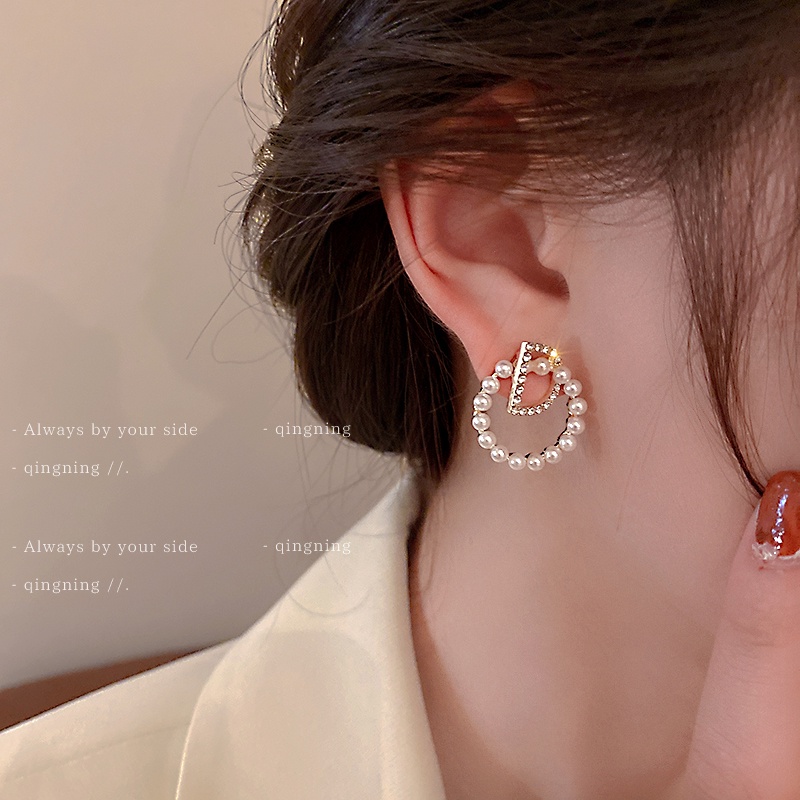 DREJEW Bông Tai Hình Chữ D Đính Ngọc Trai Kim Cương Giả Phong Cách Hàn Quốc Đơn Giản Dễ Phối Đồ