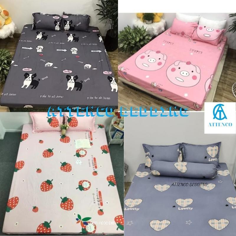 GA GỐI COTTON GIƯỜNG 1M6/1M8 HỌA TIẾT NGỘ NGHĨNH ĐÁNG YÊU DRAP BO CHUN KÈM 2 VỎ GỐI ĐẦU ATTENCO BEDDING