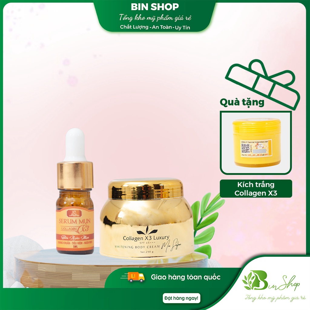 Bộ sản phẩm Kem Body Collagen X3 Luxury + Serum Mụn Nám Thâm Collagen X3