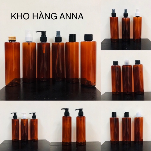 50 chai 250ml chiết mỹ phẩm - combo 50 chai pet nhựa màu nâu 200ml/250ml vai ngang-chai nhựa vuông nắp nhấn bật/xịtsương