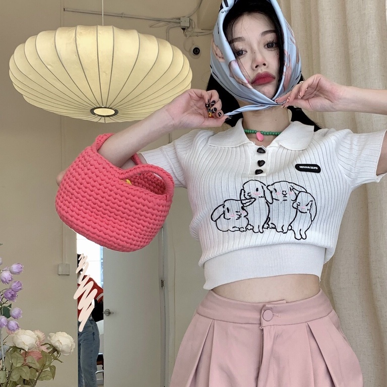 Áo thun polo ZHELIHANGFEI dệt kim tay ngắn thêu hình thỏ dễ thương thời trang