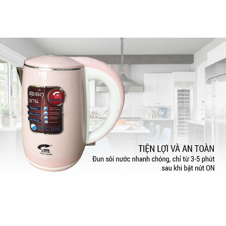 Bình đựng nước đun sôi tự động - Ấm siêu tốc 2,5L Jiplai thiết kế 2 lớp ruột bằng inox, vỏ bằng nhựa cách nhiệt an toàn