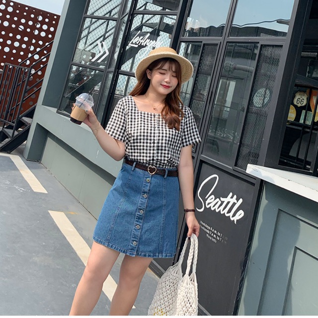 Áo kiểu big size cổ vuông caro cài nút trước size lớn 65-100kg