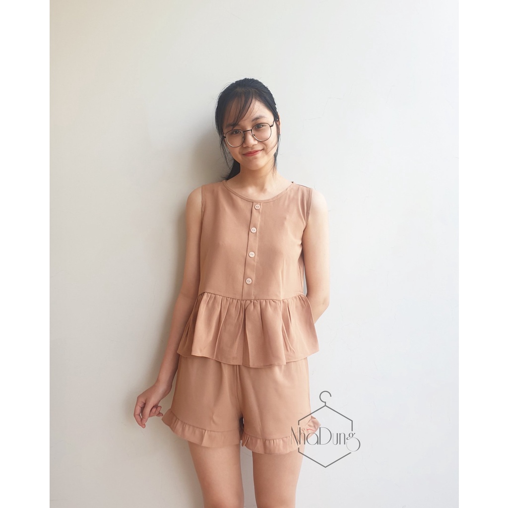 Đồ bộ nữ mặc nhà sát nách vải đũi không nhăn 4 nút Nhã Dung Store dưới 65kg siêu mát mẻ siêu dễ thương