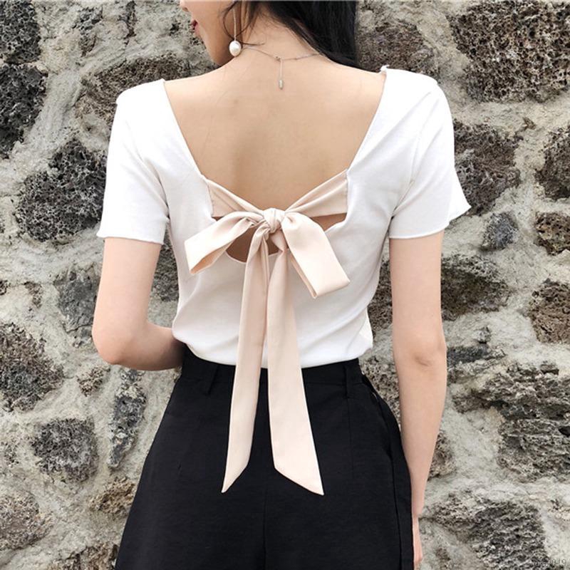 Áo thun ngắn tay thắt nơ sau lưng phong cách thời trang cho nữ