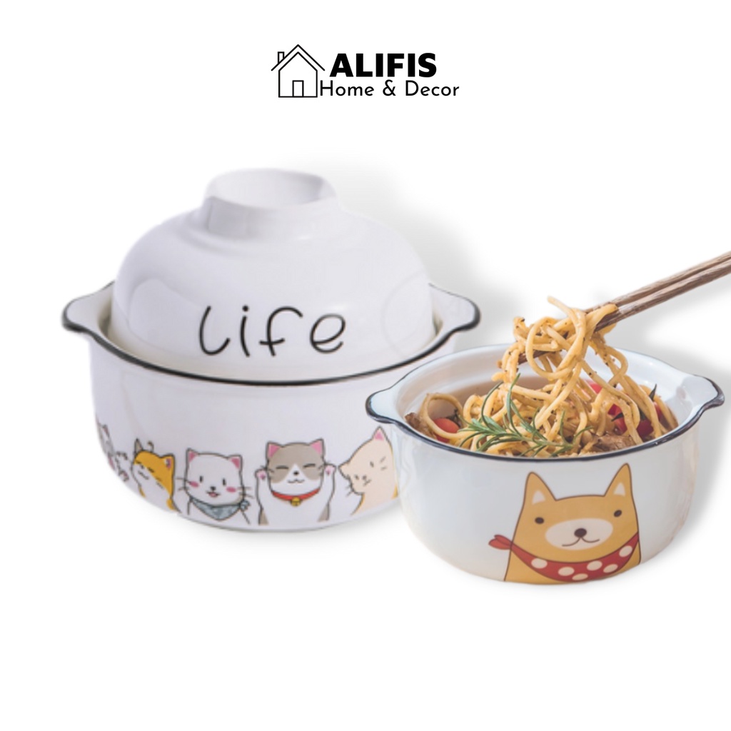 Tô ăn mì có nắp , bát sứ úp mì có nắp và quai cầm hoạ tiết mèo life ngộ nghĩnh dễ thương Alifis