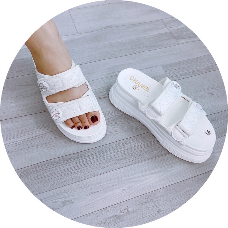 Dép bánh mỳ độn đế 6cm hai quai ngang chần chỉ XX hàng QC