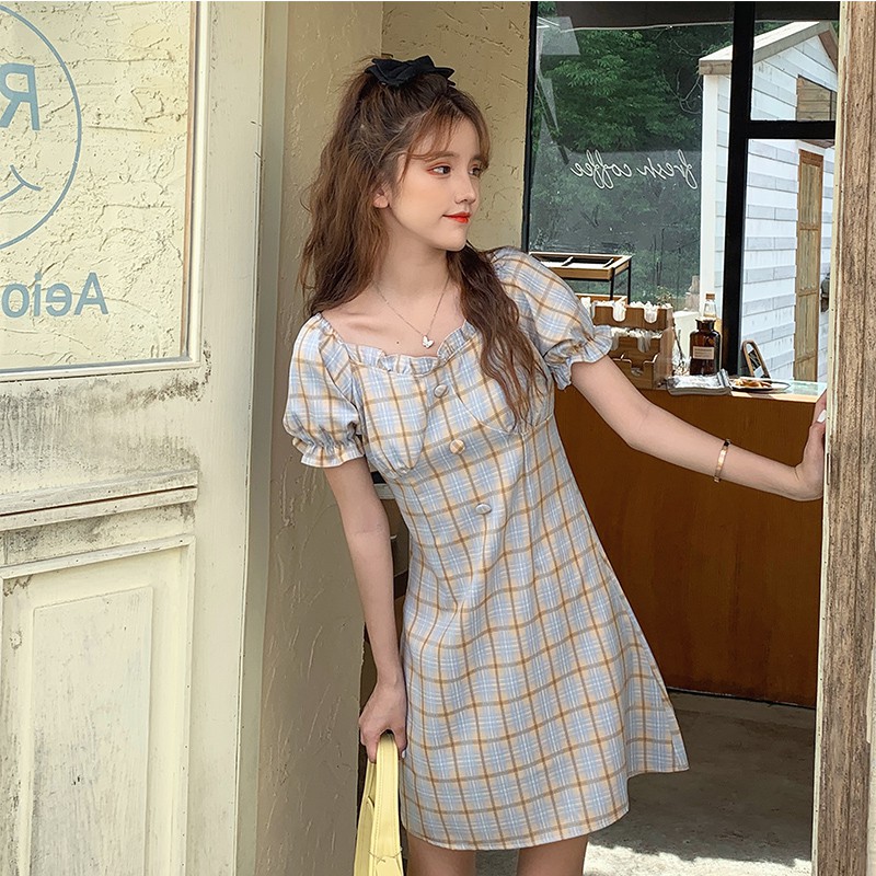 Đầm Nữ Tay Ngắn Cổ Vuông Họa Tiết Caro Thời Trang | BigBuy360 - bigbuy360.vn