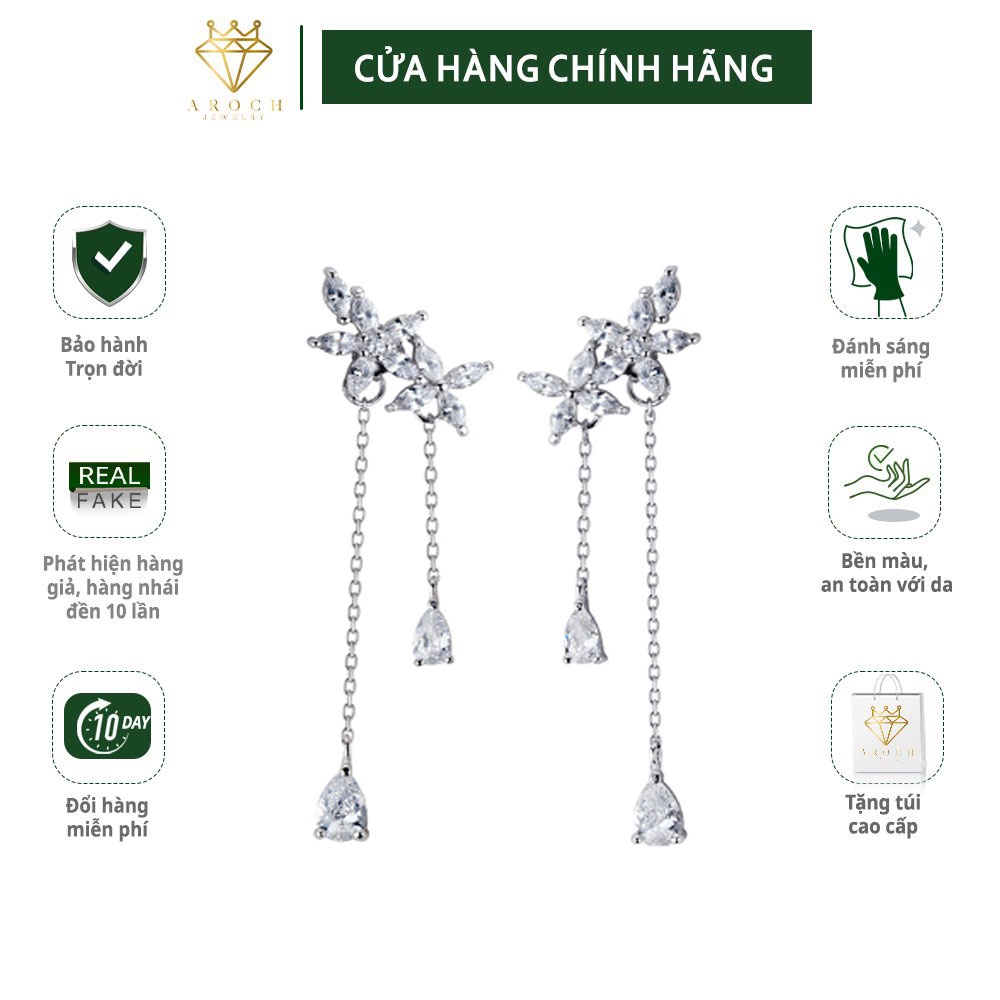 Khuyên tai bạc Ý s925 hoa đá thả dài E8924 - AROCH Jewelry