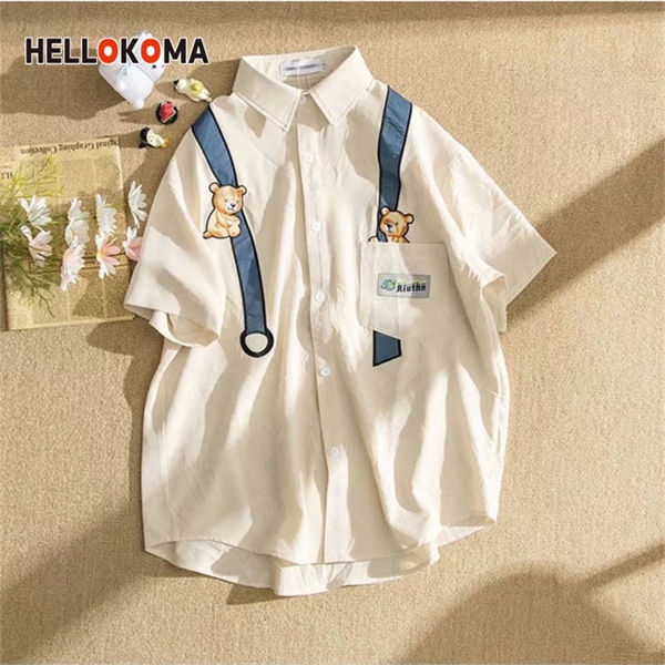 Áo Sơ Mi Ngắn Tay Thêu Hình Gấu Phong Cách Retro Cho Nữ