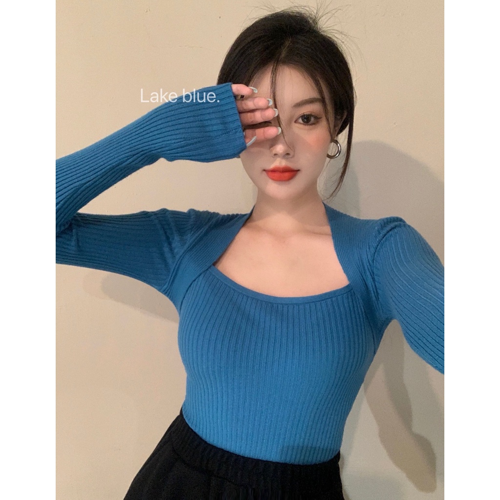 Porozi  Áo dệt kim tay dài cổ vuông phong cách thời trang retro Hàn Quốc