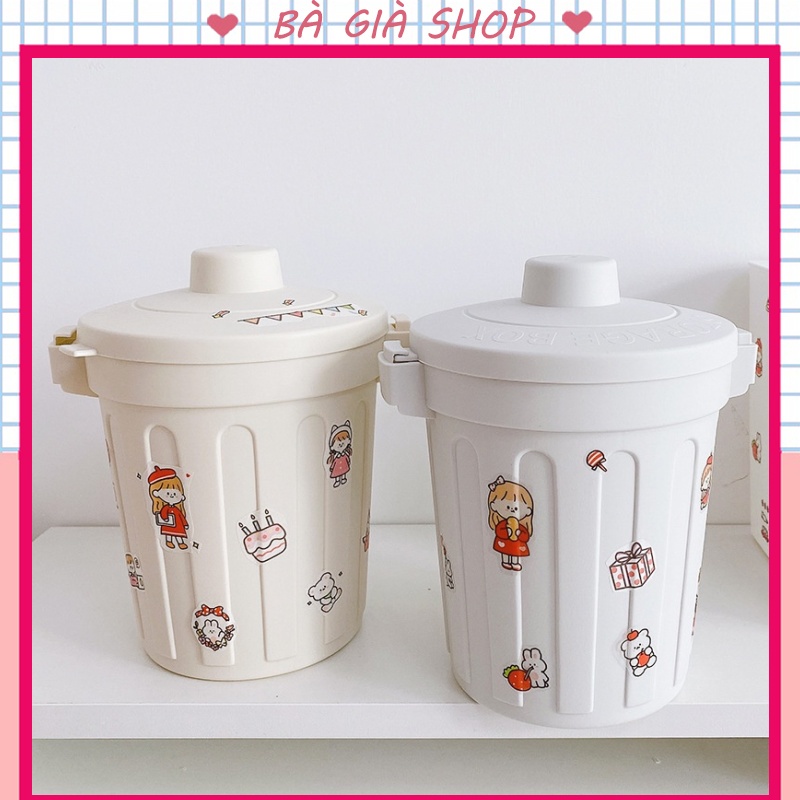 Thùng rác mini để bàn hình xô tặng sticker, sọt rác văn phòng nhỏ dễ thương