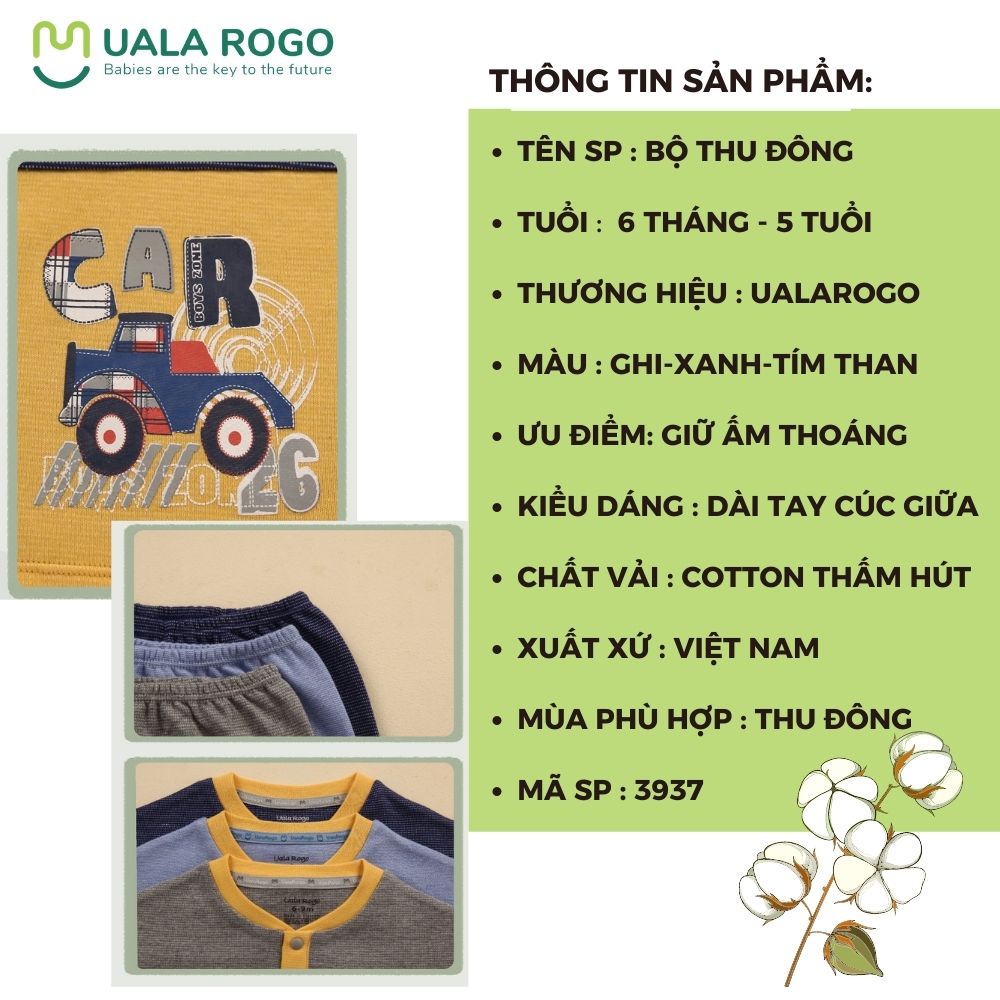 Bộ quần áo thu đông Ualarogo cho bé 6 tháng - 5 tuổi vải cotton cúc cổ bo ống thu đông giữ ấm 3937
