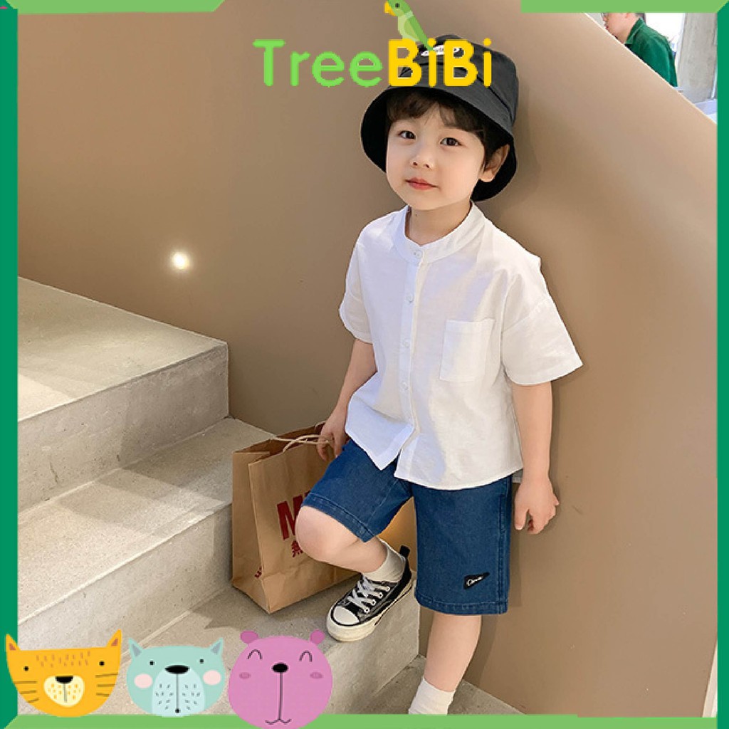Áo sơ mi bé trai cổ tàu tay ngắn chất đũi thoáng mát - Thời trang trẻ em TreeBiBi