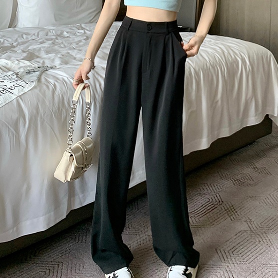 SUXI Quần ống rộng Lưng Cao Co Giãn Màu Sắc Đơn Giản Thời Trang Mùa Hè Cho Nữ