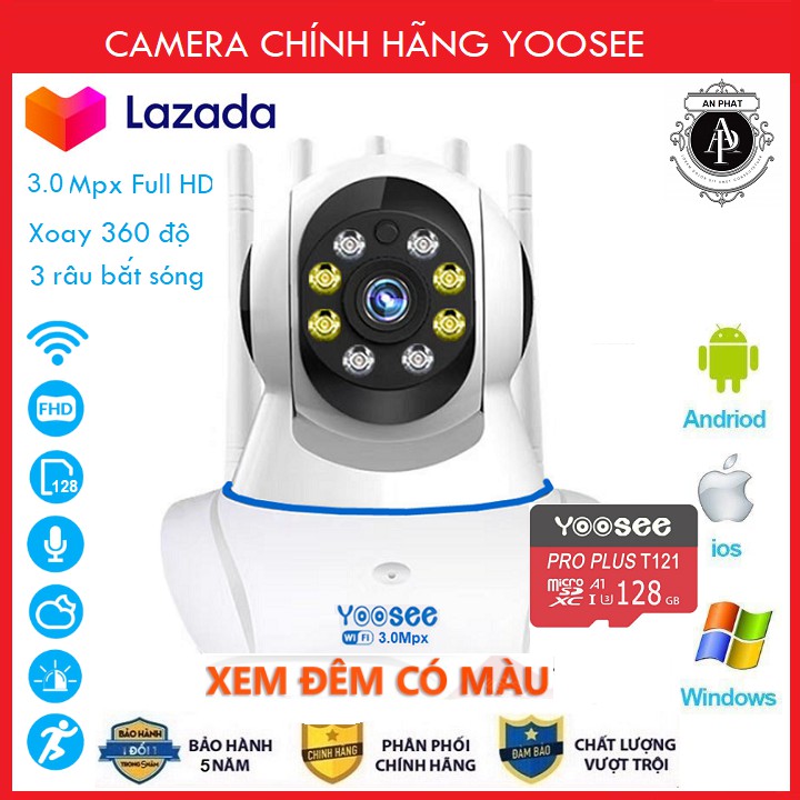 Camera Yoosee Camera Wifi 5 Râu 8 Led Xem đêm có màu 3.0Mpx Full HD Kèm Thẻ 32GB Chuyên Dụng