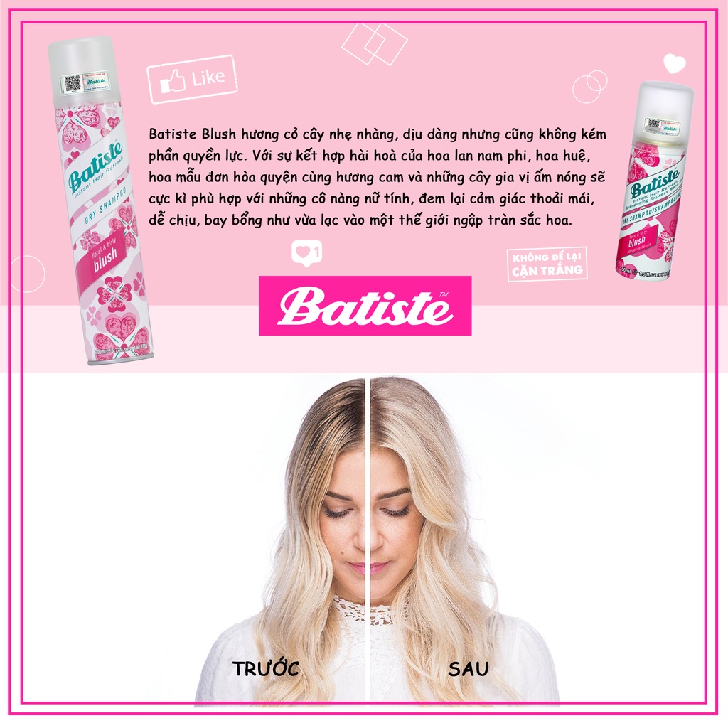 Dầu Gội Khô Batiste Hương Hoa Quyến Rũ - Batiste Dry Shampoo Floral &amp; Flirty Blush 200ml