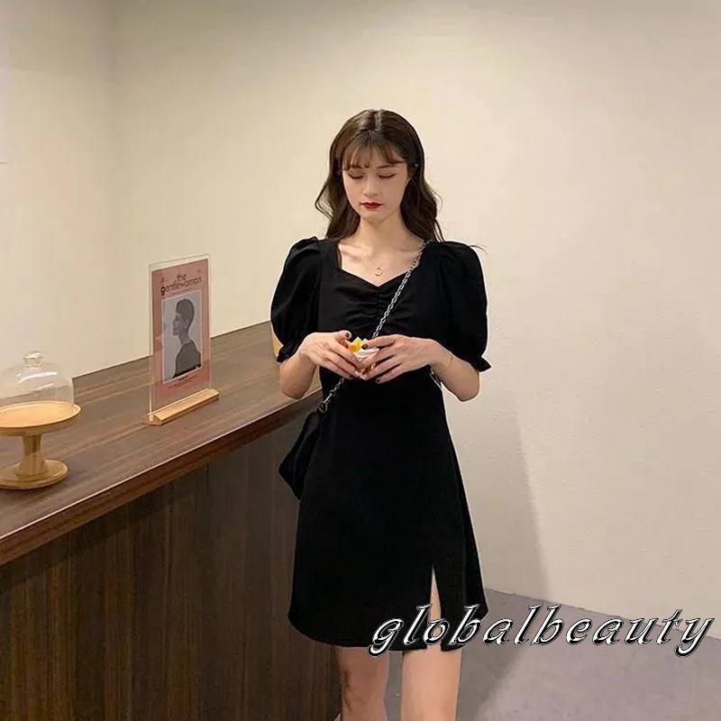 Đầm Chữ A Tay Phồng Ngắn Cổ Chữ V Màu Trơn Thời Trang Mùa Hè Cho Nữ Đen