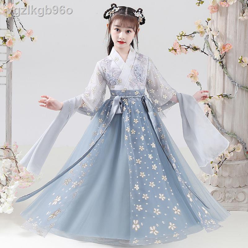 áo sơ mi trắng❉Hanfu nữ tiên phong cách cổ trang cô gái mùa hè váy công chúa siêu tích 2021 mới trẻ em phục