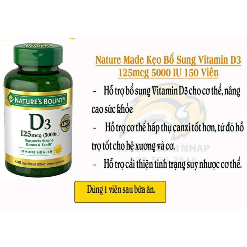 VIÊN UỐNG BỔ SUNG VITAMIN D3 NATURE’S BOUNTY VITAMIN D3 125 MCG (5000IU) của Mỹ