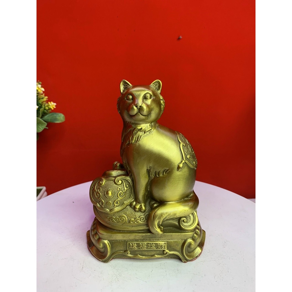 Tượng Mèo Như Ý cao 17cm vật phẩm phong thuỷ bằng đồng