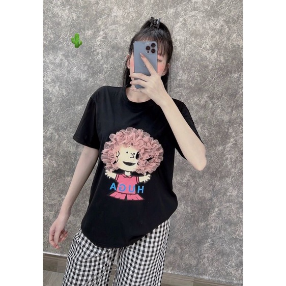 Set Bộ Áo Thun in Hình Phối Lưới Kèm Quần Dài Caro