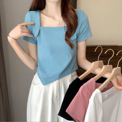 Áo thun SUXI tay ngắn cổ vuông màu trơn dễ phối đồ thời trang mùa hè đơn giản dành cho nữ
