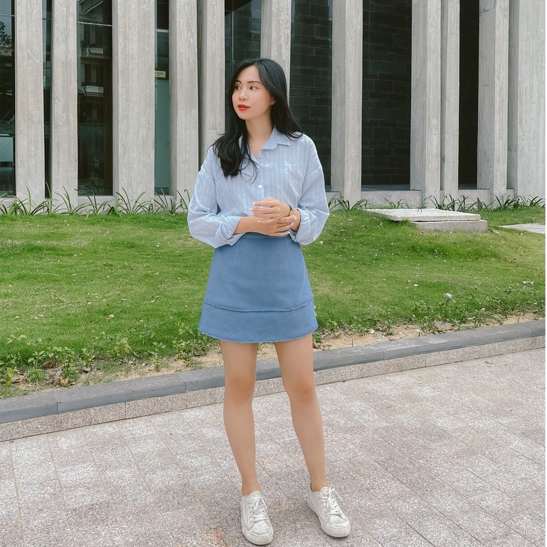 Áo somi sọc lụa Xanh - Hồng