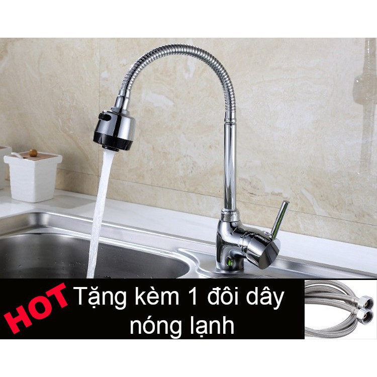 Vòi bếp nóng lạnh (cổ mềm) HM ITALIA + Đôi dây cấp nước