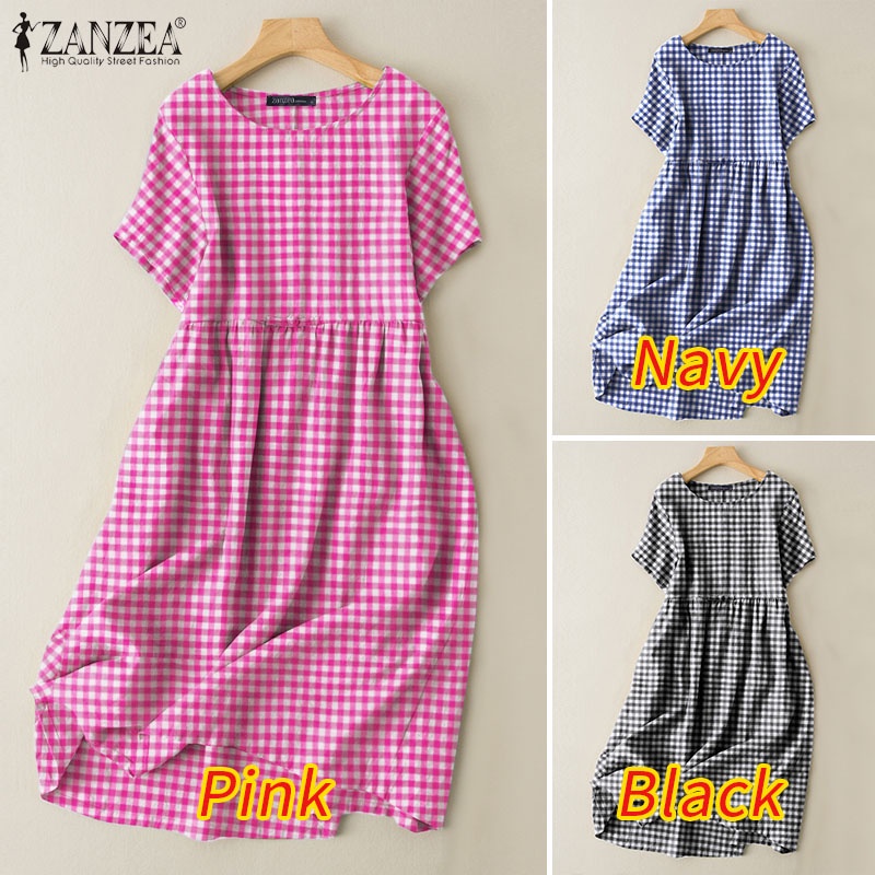 Đầm nữ ZANZEA ngắn tay cổ tròn form rộng họa tiết ca rô thời trang