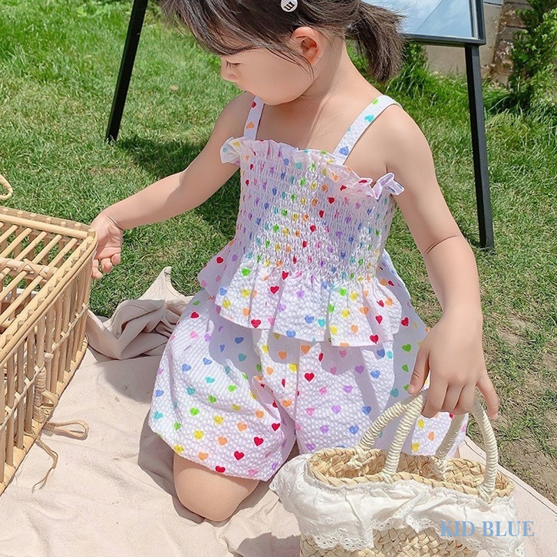 Bộ Áo Hai Dây In Họa Tiết Trái Tim + Quần Short Eo Co Giãn Phong Cách Phương Tây Dễ Thương Cho Bé Gái